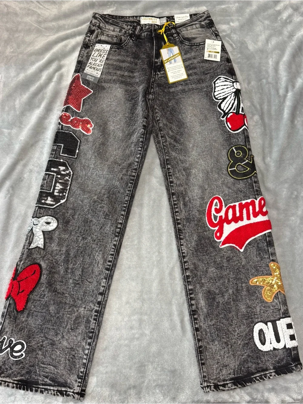 NET Celebrity Ace  Black Washed Wide-Leg Jeans with Embroidered Patches 90 style